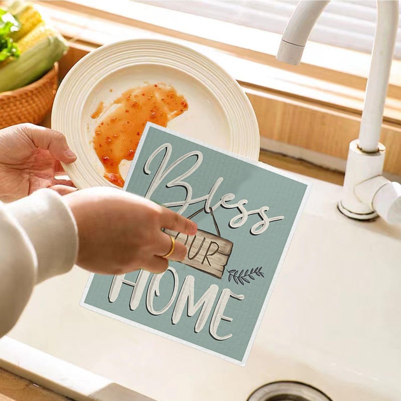 LARTSFRO Bless This Home Swedish Dishcloths for Kitchen, Christian Swedish Dish Cloths for Farmhouse, Papaya Reusable Paper Towels, 4 Pack Dish Towels for Kitchen, Reusable Paper Towels Washable - Image 5